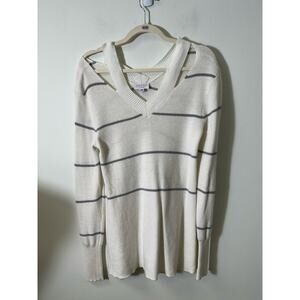 Once Was | Womens Stripe V-Neck Shoulder Slit Sweater Size 2 (S) - White/Gray